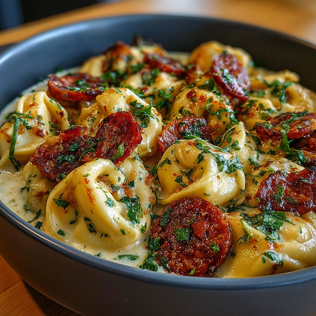 Tortellini frais nappés d'une sauce onctueuse au chorizo doré et parmesan.