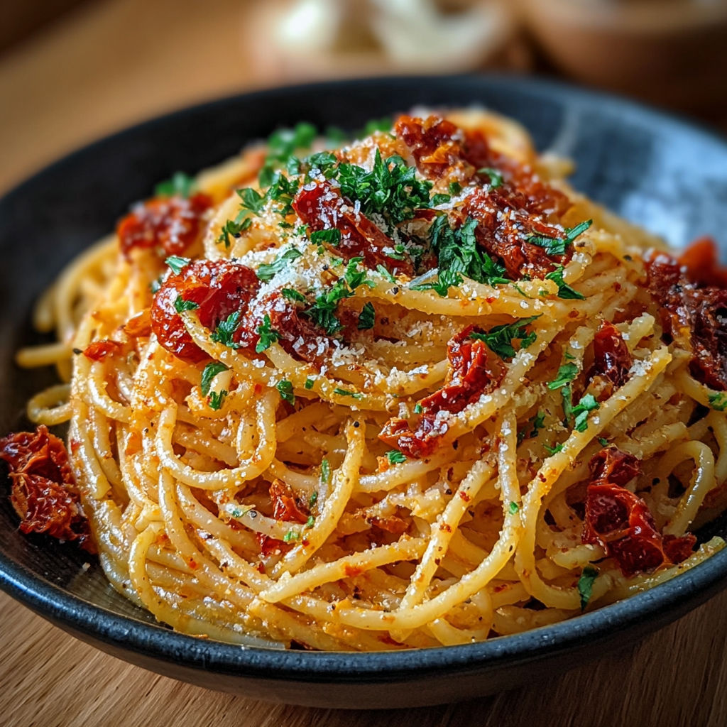 Une assiette de spaghetti crémeux aux tomates séchées et parmesan, avec des herbes fraîches ajoutées pour une touche supplémentaire de saveur.