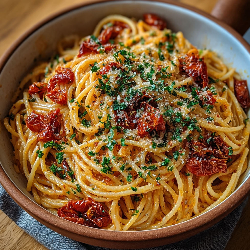 Spaghetti onctueux aux tomates séchées, parsemés de parmesan et persil frais dans une assiette.