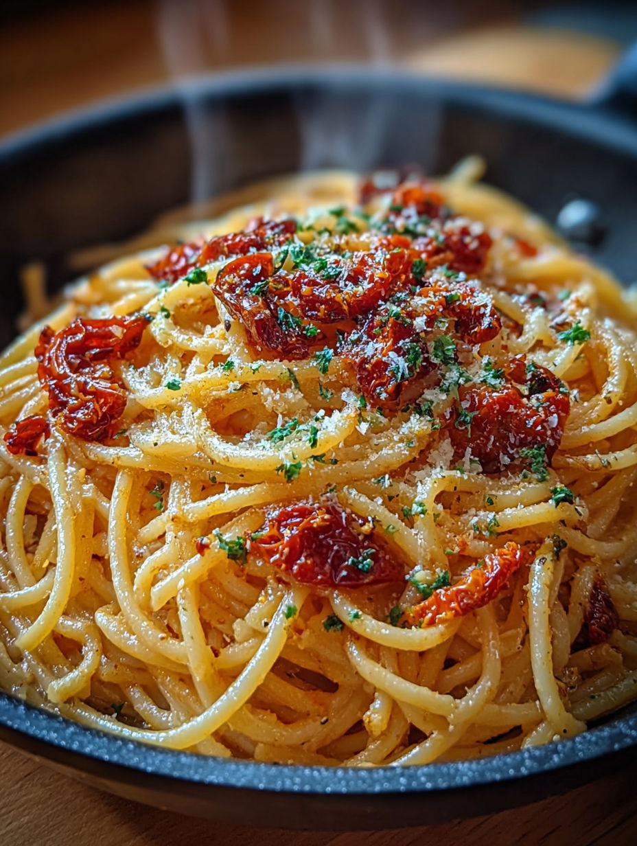 Gros plan sur la sauce onctueuse au parmesan et tomates séchées nappant les spaghetti.