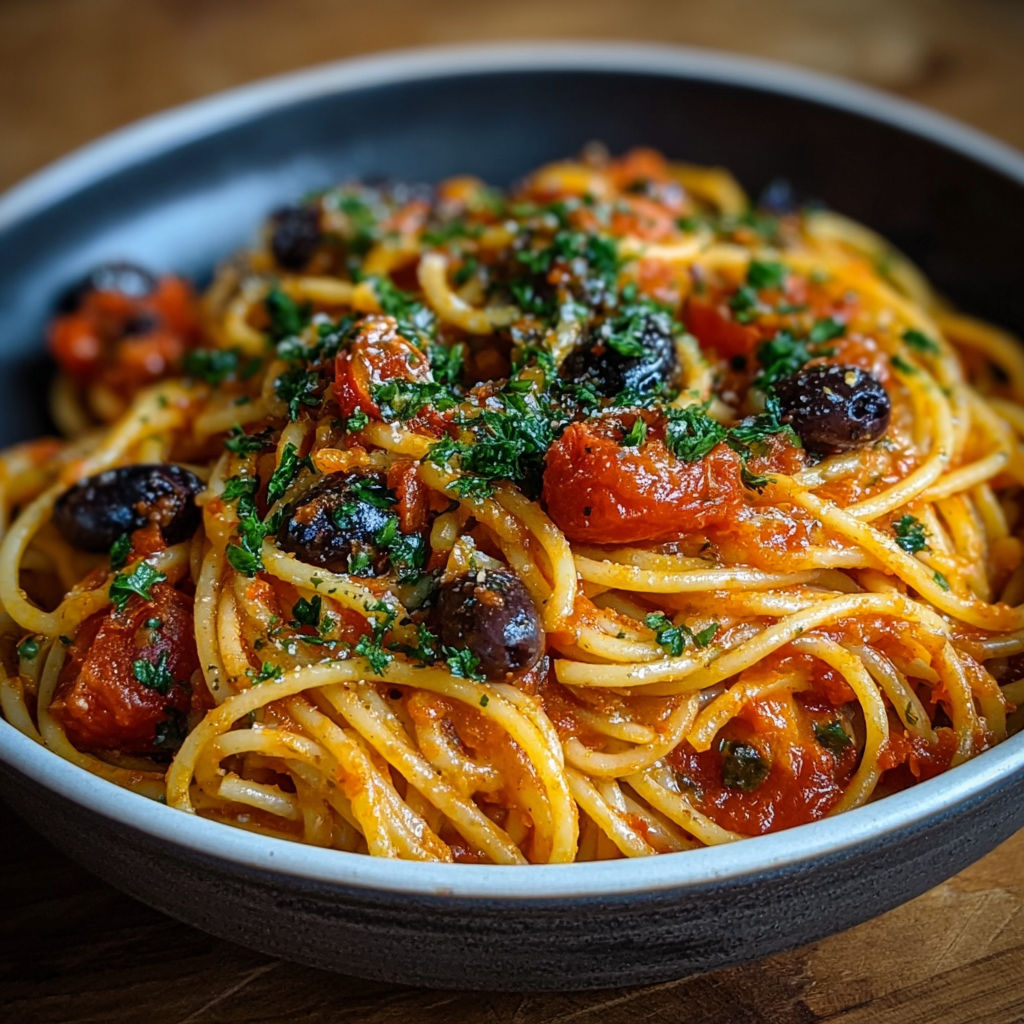 Une recette de sauce de spaghetti avec des tomates et des olives.