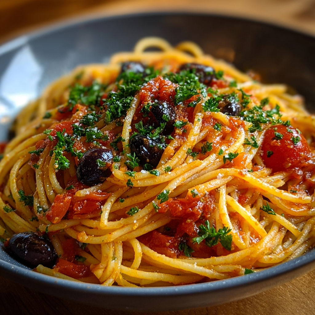 Spaghetti onctueux à la tomate parsemés d'olives noires et vertes avec du persil frais.