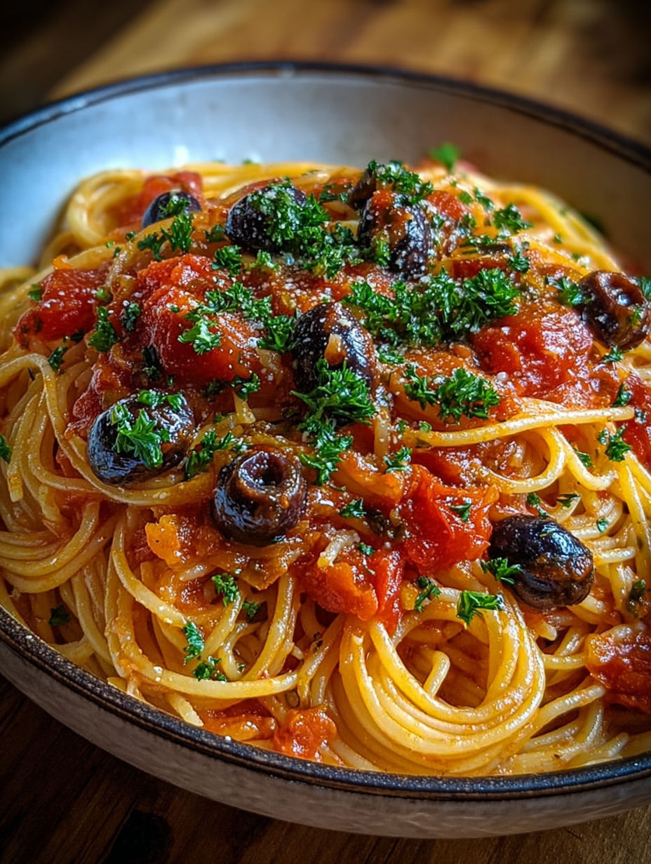 Détail de la sauce puttanesca douce enrobant les spaghetti avec des morceaux d'olives.