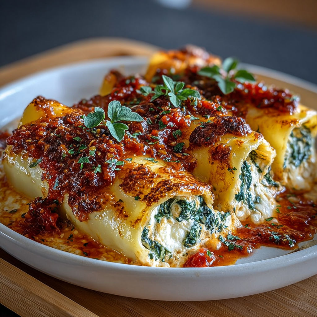 Un plat de cannellonis ricotta-épinards gratinés, servies sur un plateau.