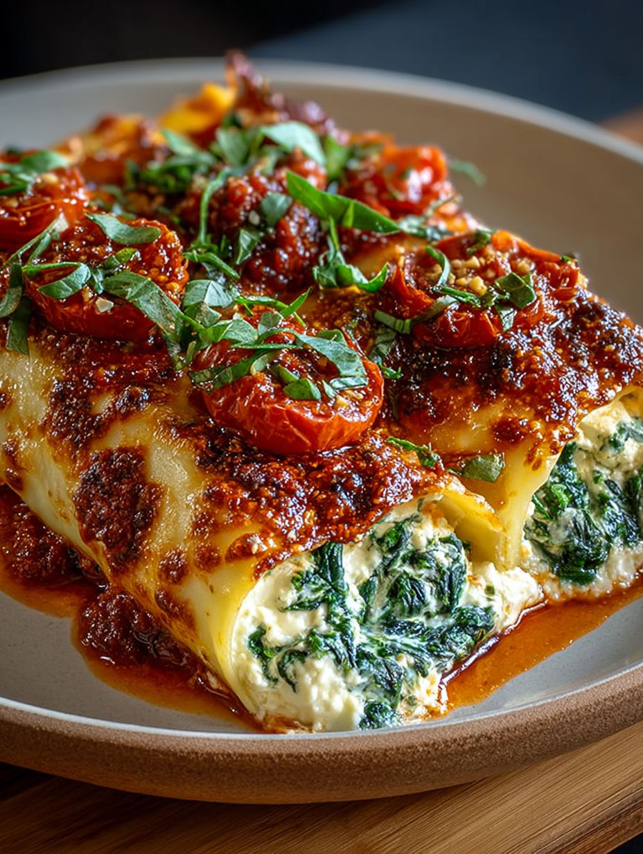 Gros plan sur l'intérieur d'un cannelloni révélant la farce onctueuse à la ricotta et épinards.