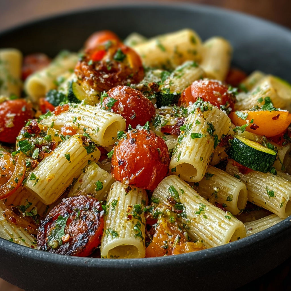 Rigatoni au pesto de basilic frais parsemés de tomates cerises juteuses et dés de courgettes.
