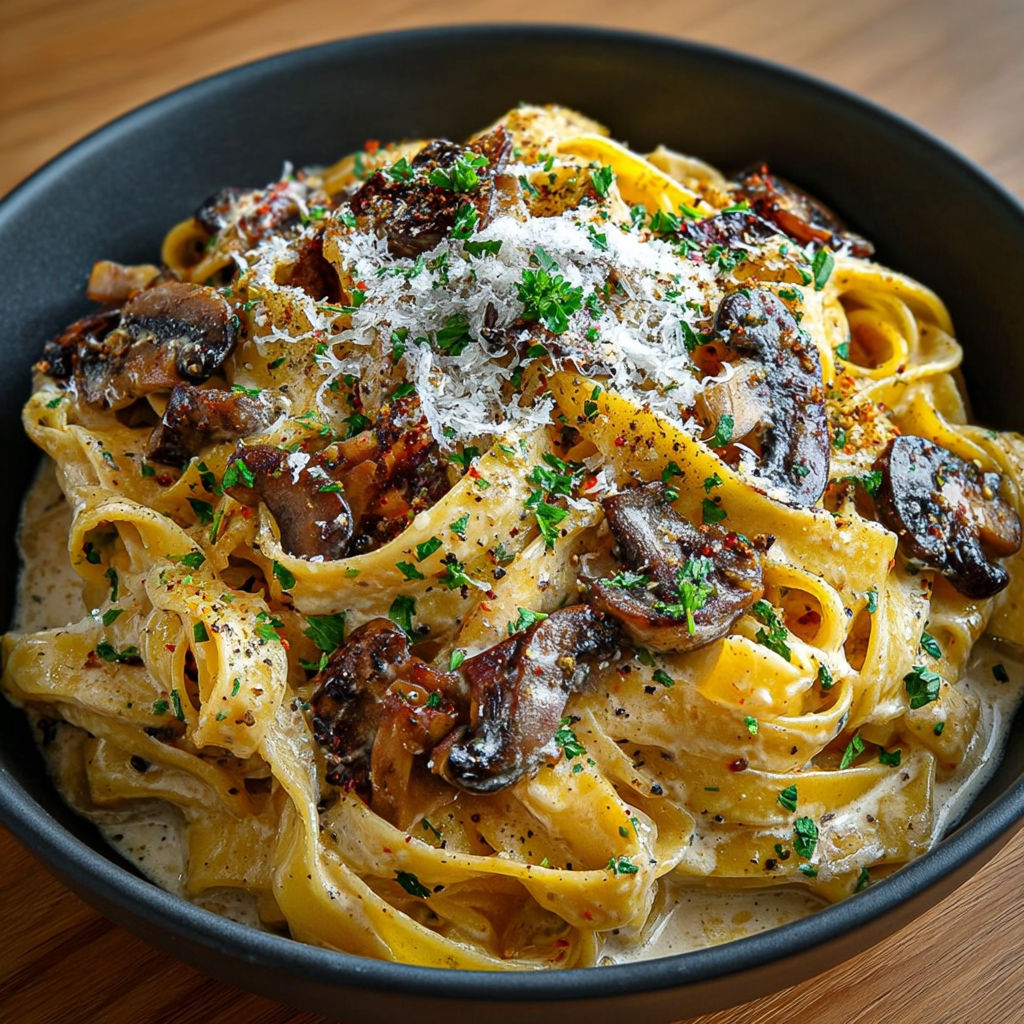 Une assiette de tagliatelles crémeuses aux champignons, servie sur une table de bois.