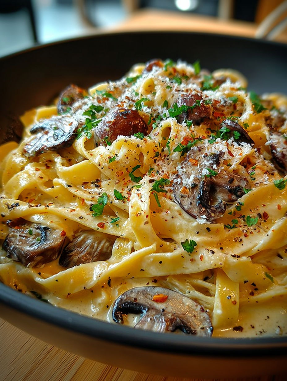Zoom sur la texture veloutée de la sauce aux champignons nappant les tagliatelles.