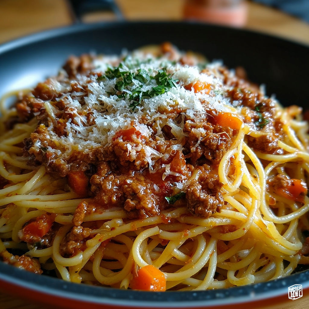 Une delicieuse préparation de spaghetti bolognaise maison, servie dans un bol en verre.