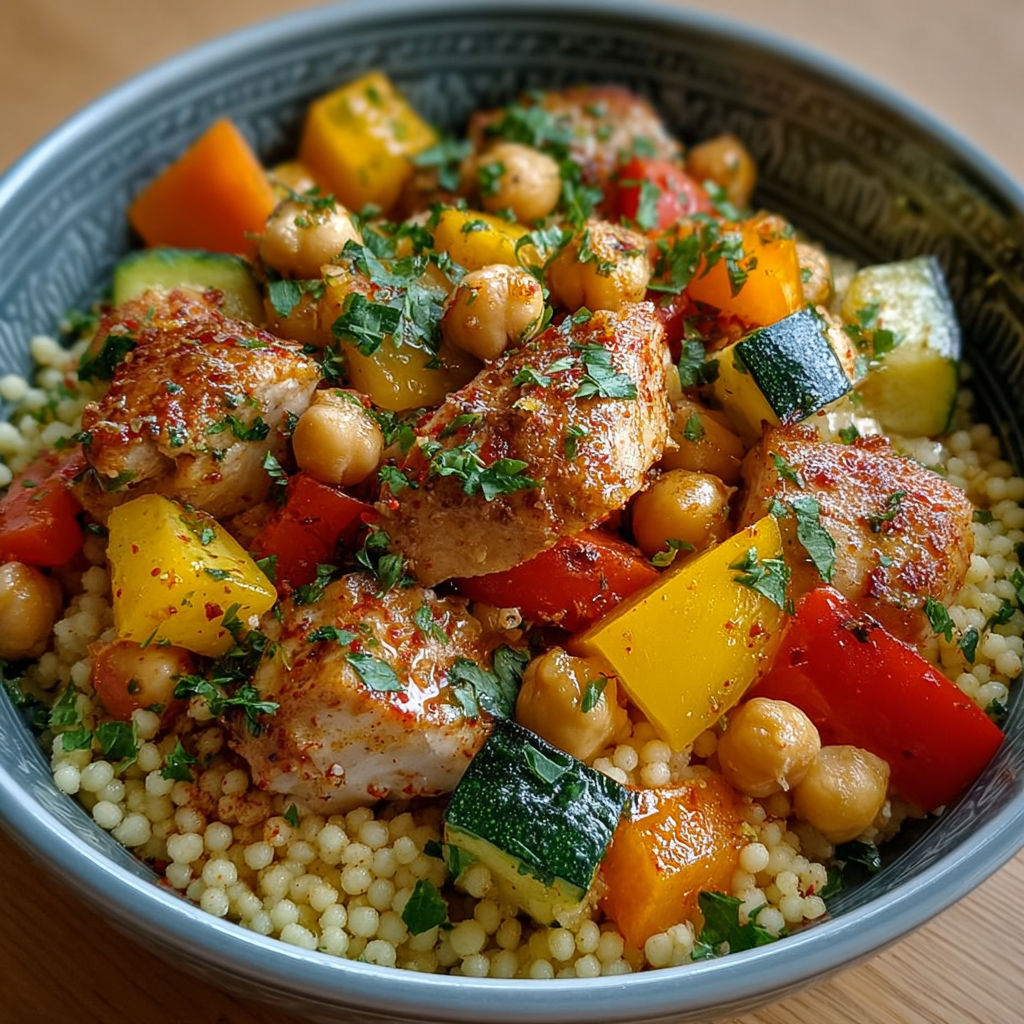 Une assiette de couscous au poulet, pois chiches et légumes rôtis.