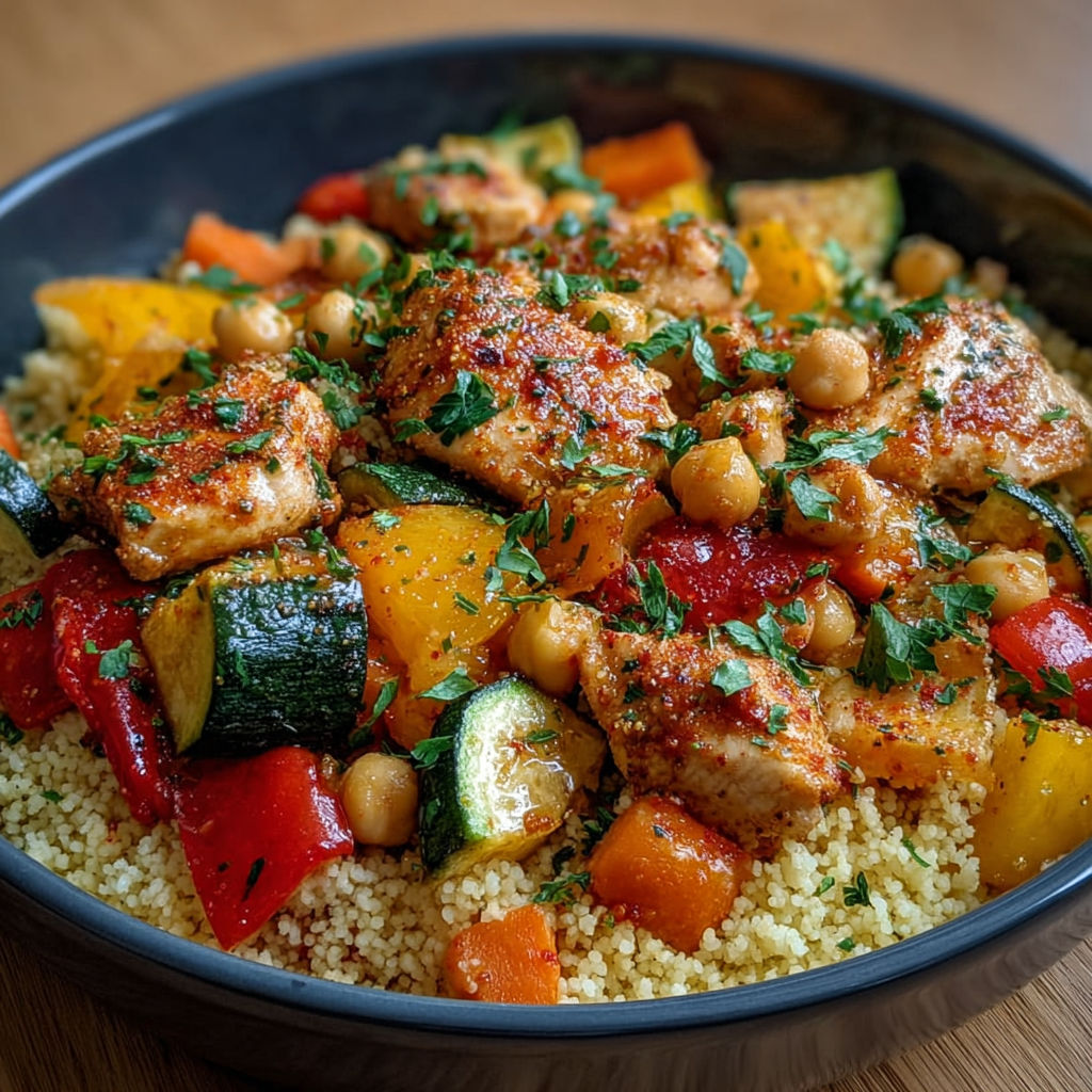 Bowl de couscous coloré avec poulet mariné, légumes verts et rouges, et pois chiches.