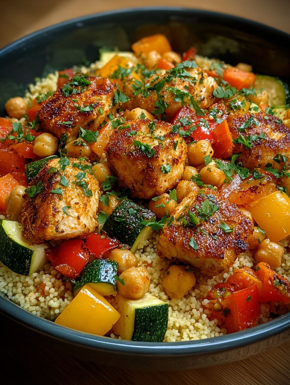 Gros plan sur un mélange fumant de poulet grillé et légumes croquants.