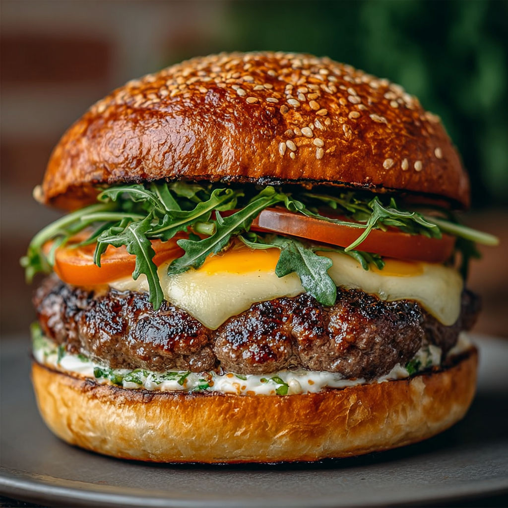 Un burger bœuf et double fromage, accompagné de roquette et cornichons, est prêt à être mangé.