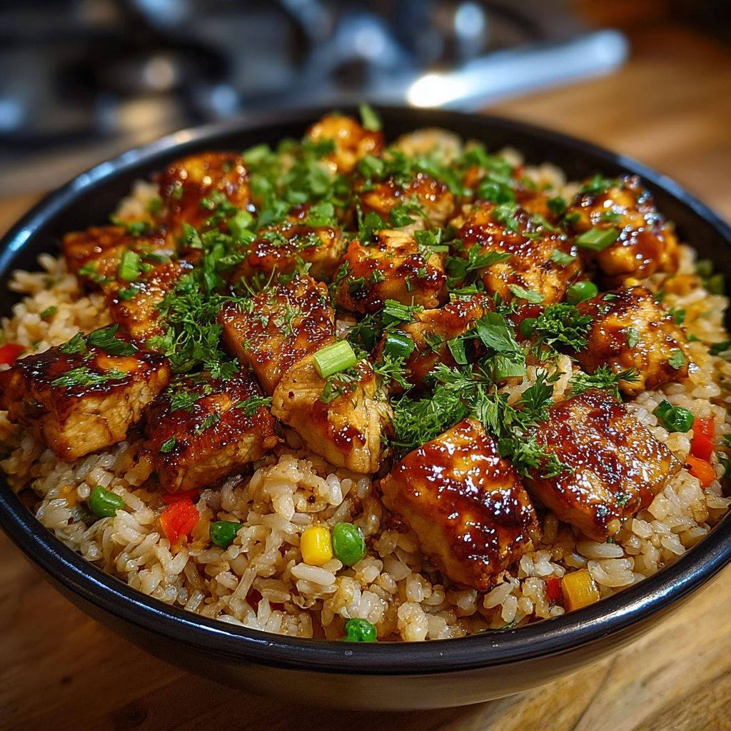 Riz sauté coloré avec poulet caramélisé, petits pois, maïs et poivrons rouges.