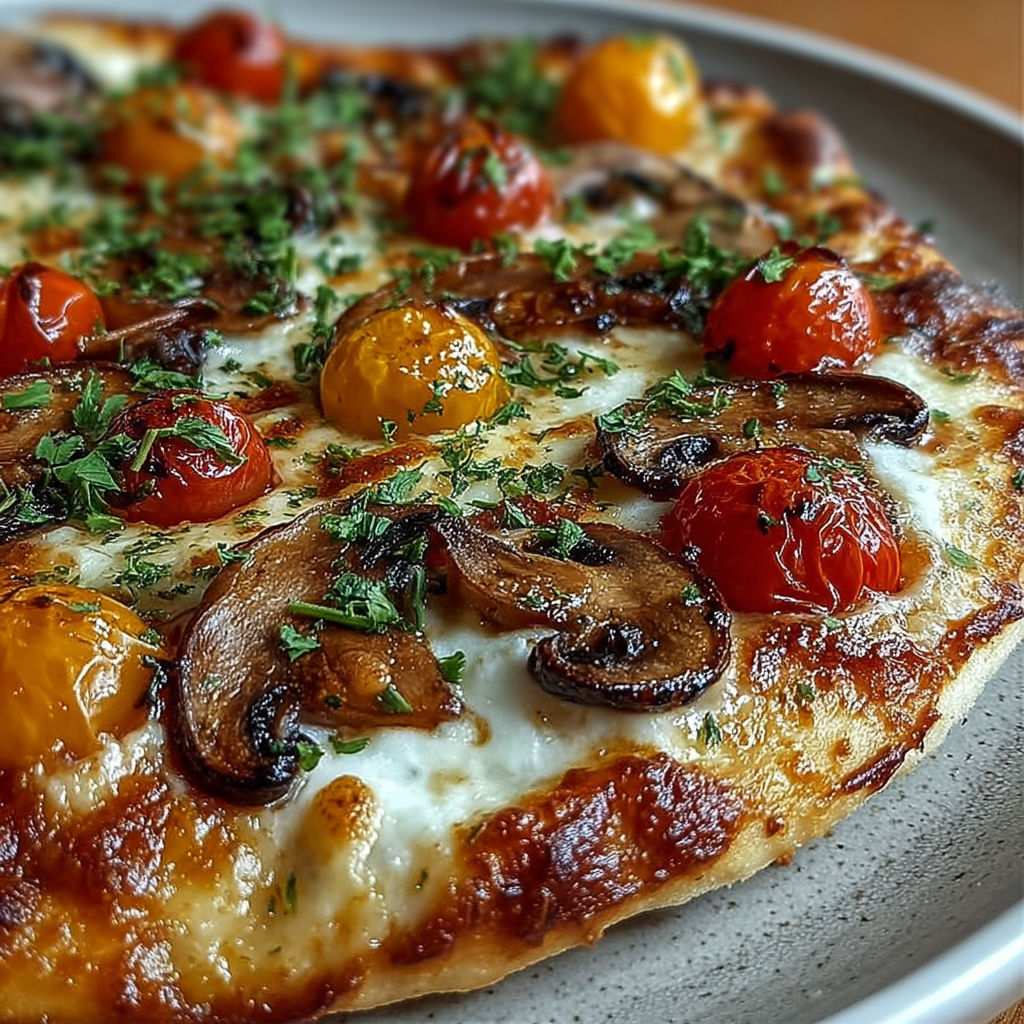 Pizza artisanale avec mozzarella fondante, tomates cerises colorées et champignons.