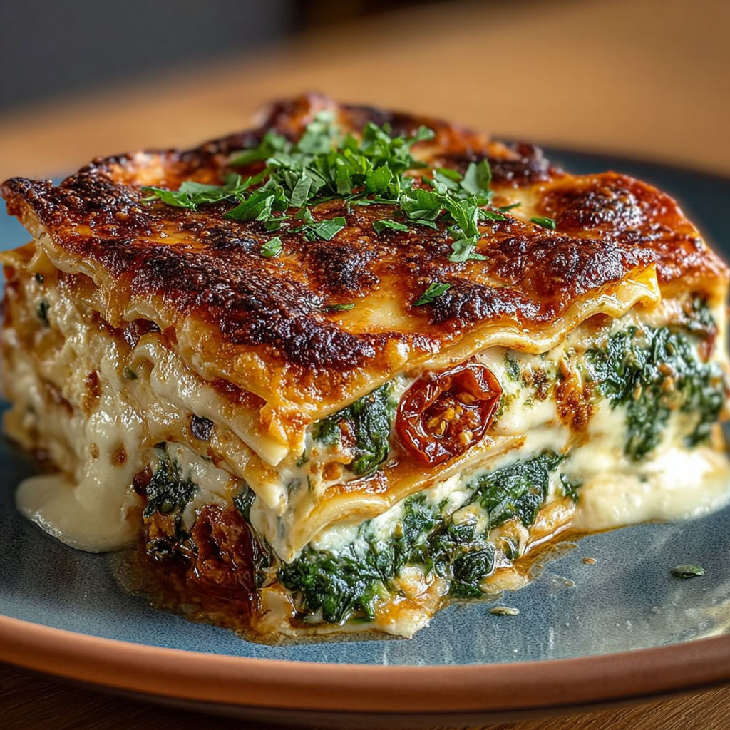 Un plat de lasagna ricotta-épinards gratinées sur un plateau.