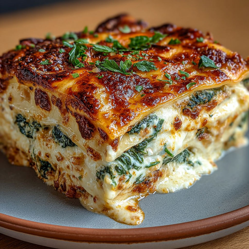 Lasagnes ricotta et épinards gratinées avec une sauce tomate onctueuse.