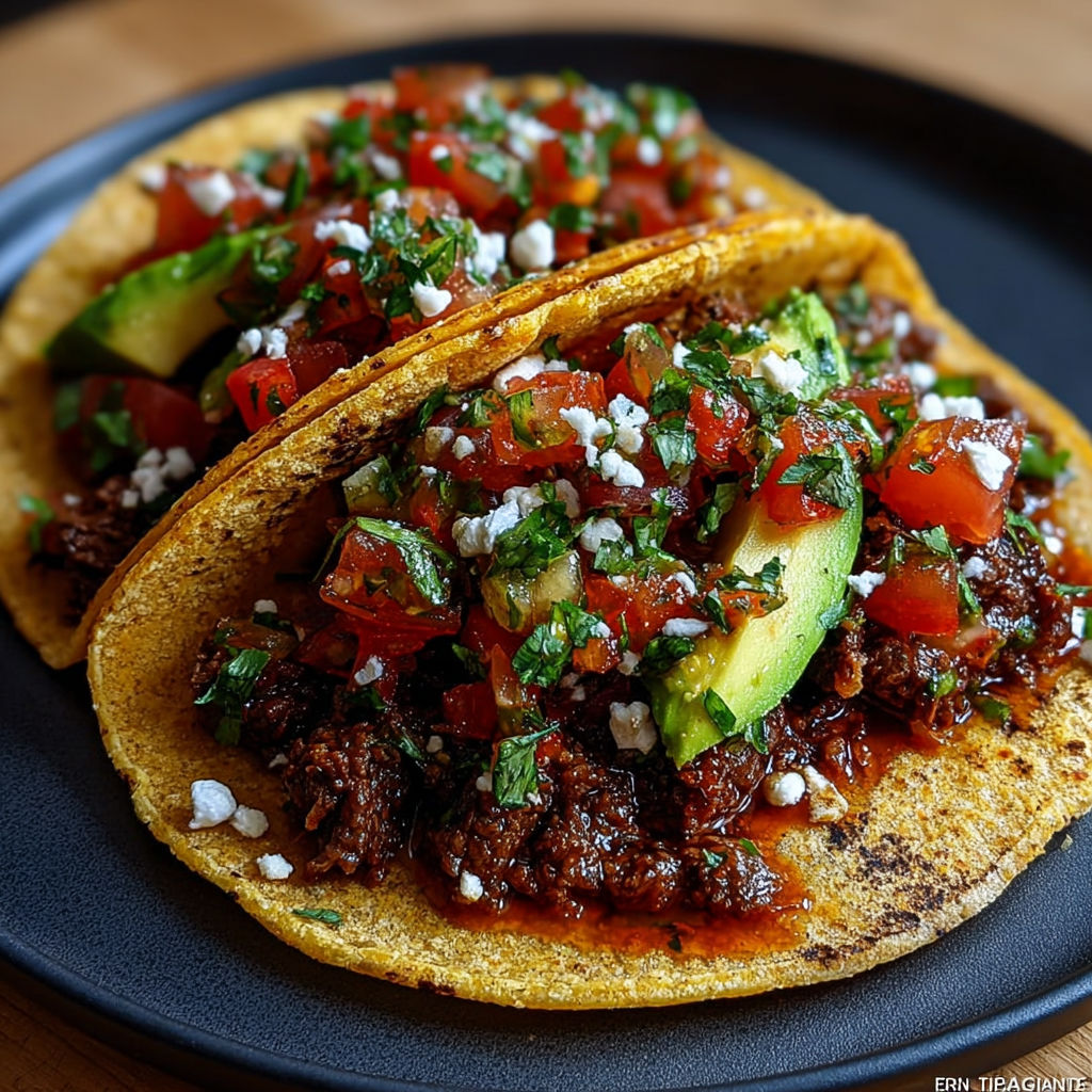 Tacos de bœuf épicé, salsa tomate & avocat.