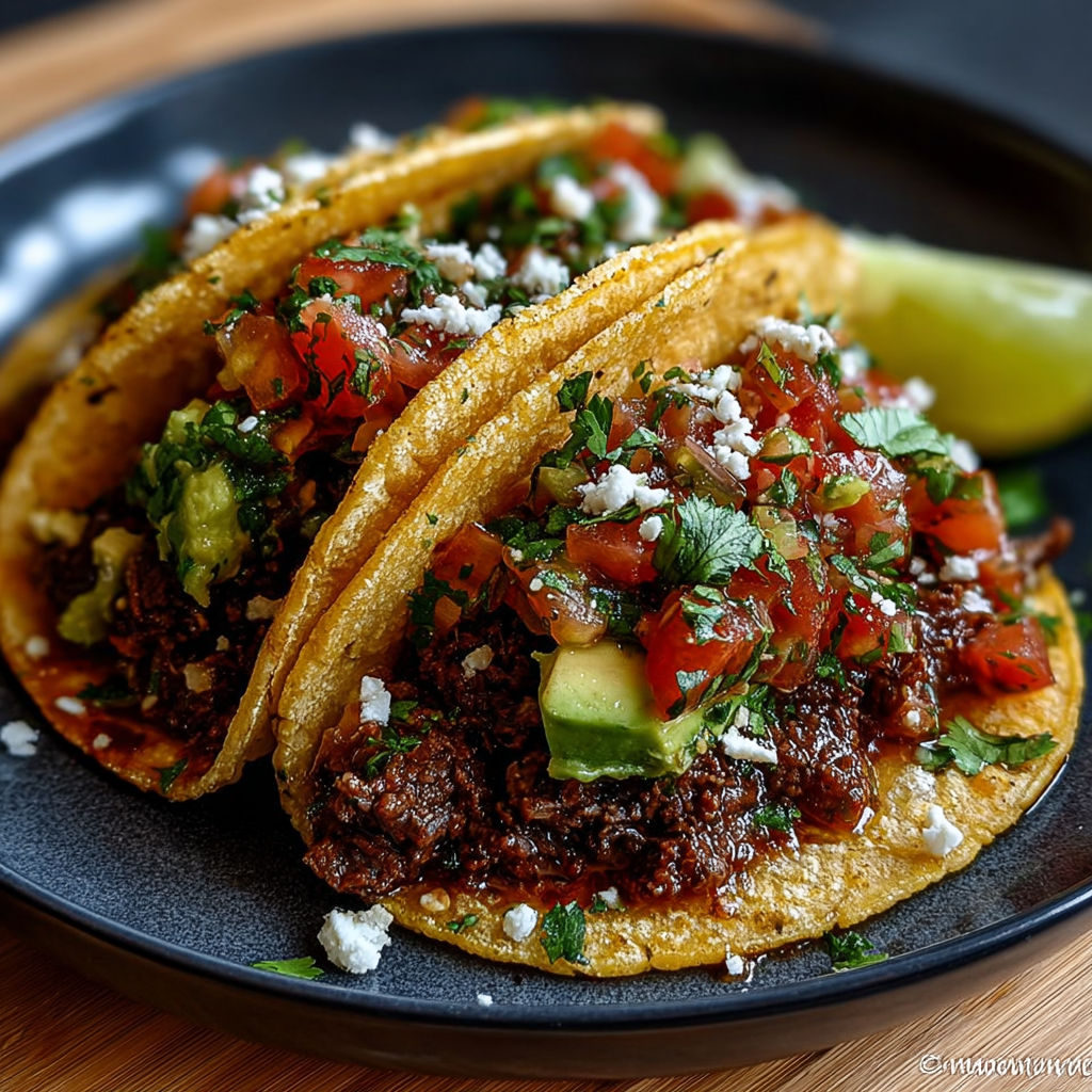 Tacos garnis de bœuf épicé, salsa de tomates et oignons frais.