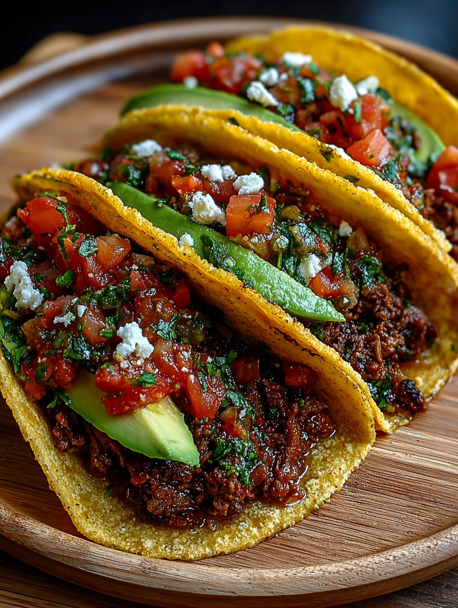Plat de présentation avec plusieurs tacos généreusement garnis d'avocat et de salsa.