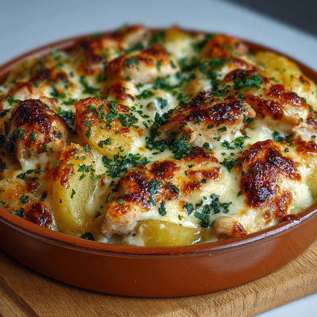Gratin de poulet et pommes de terre doré avec mozzarella fondante.