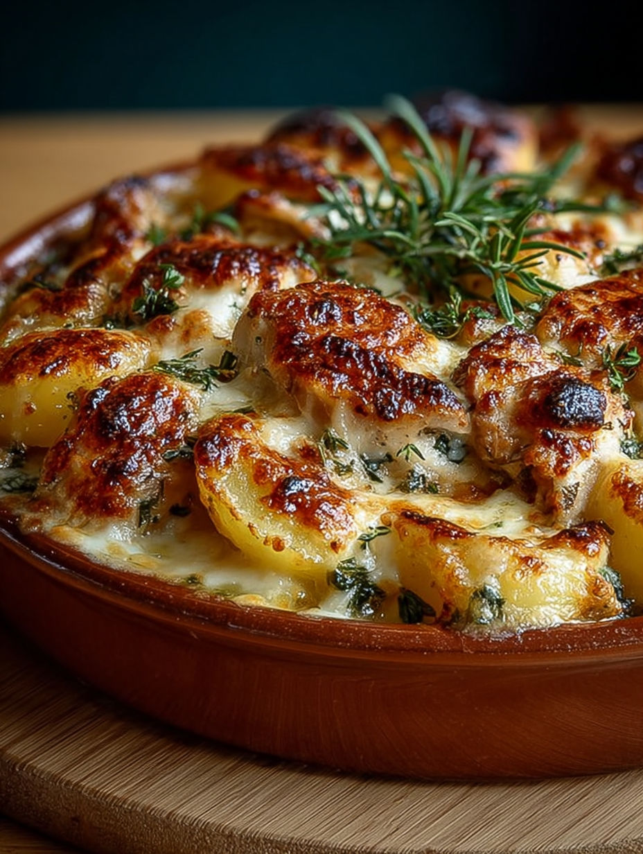 Zoom sur la texture crémeuse et gratinée du plat de poulet.