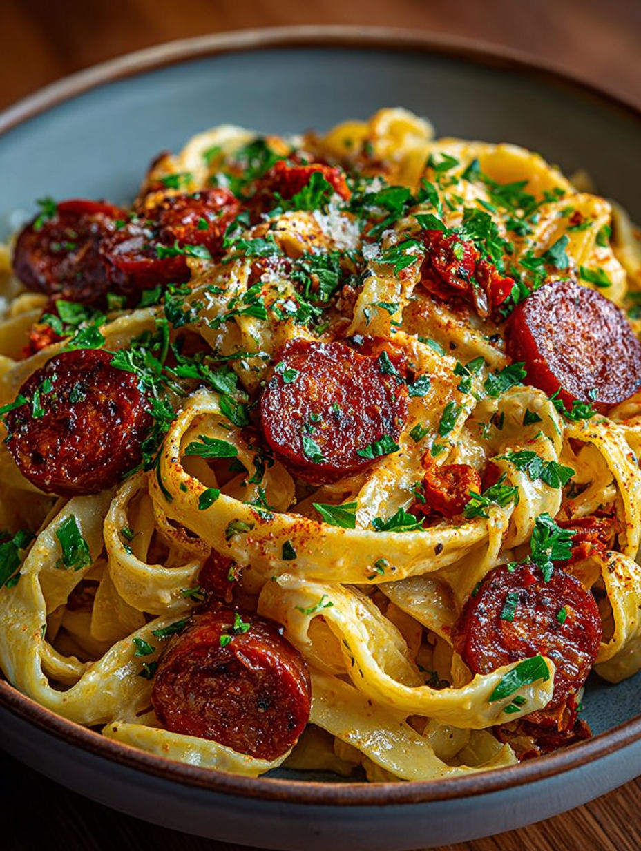 Gros plan sur la sauce crémeuse orangée enrobant les pâtes au chorizo.