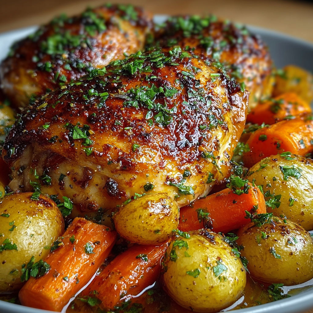 Poulet rôti entier à la peau dorée entouré de carottes et pommes de terre grenailles.