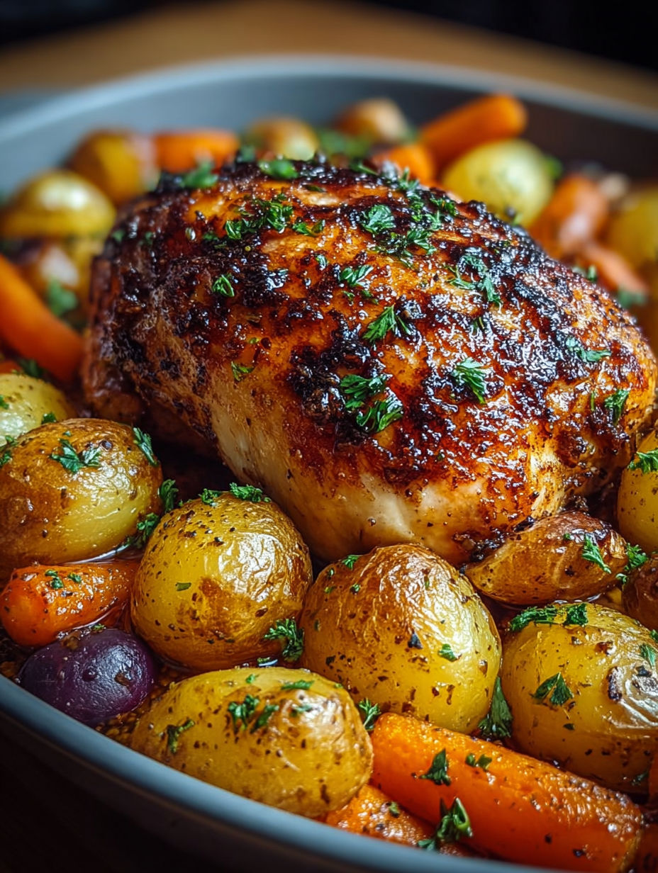 Gros plan sur les légumes rôtis et le jus de cuisson du poulet glacé.