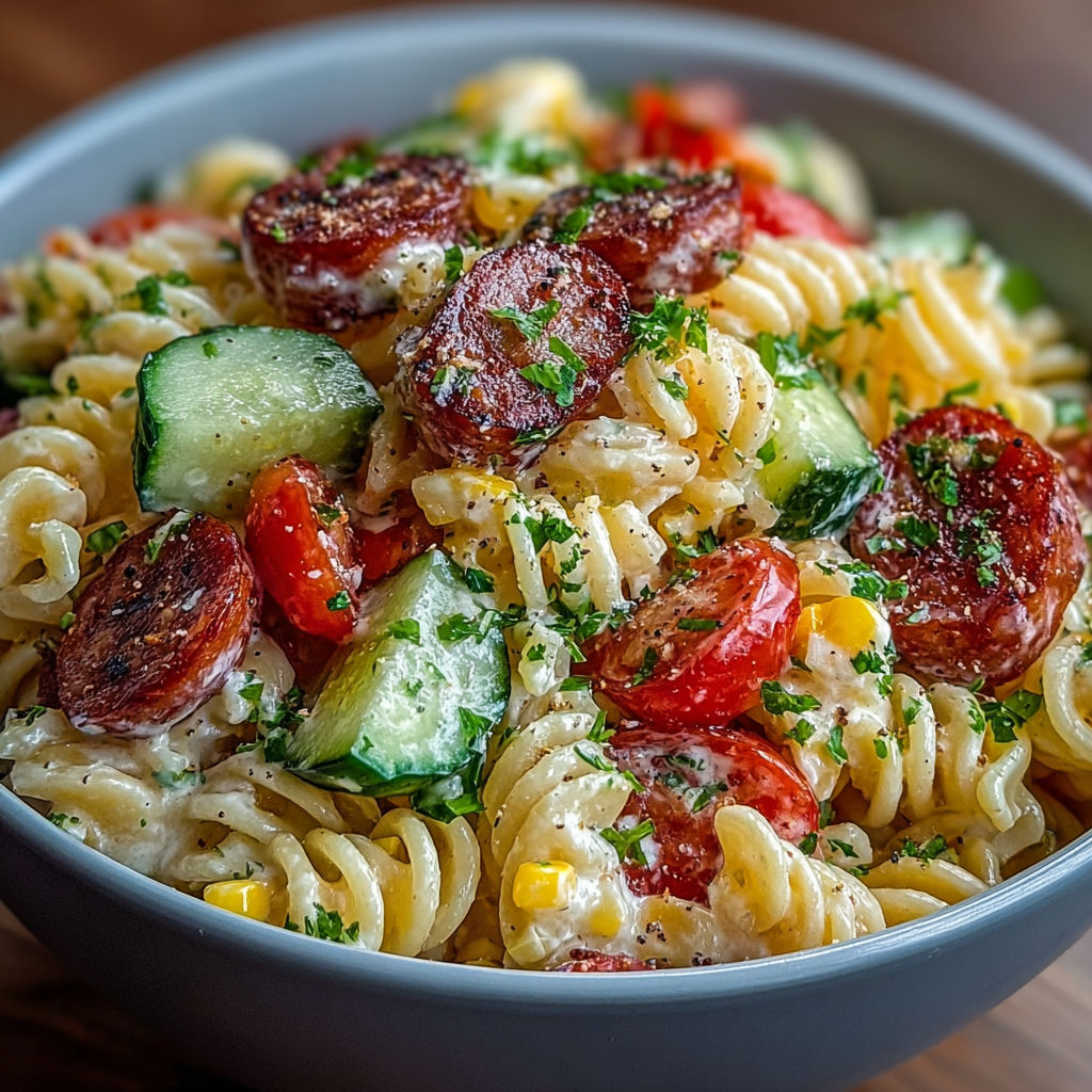 Une salade de pâtes crémeuse au chorizo et maïs, avec des légumes verts et des tomates, est servie dans un bol sur une table.