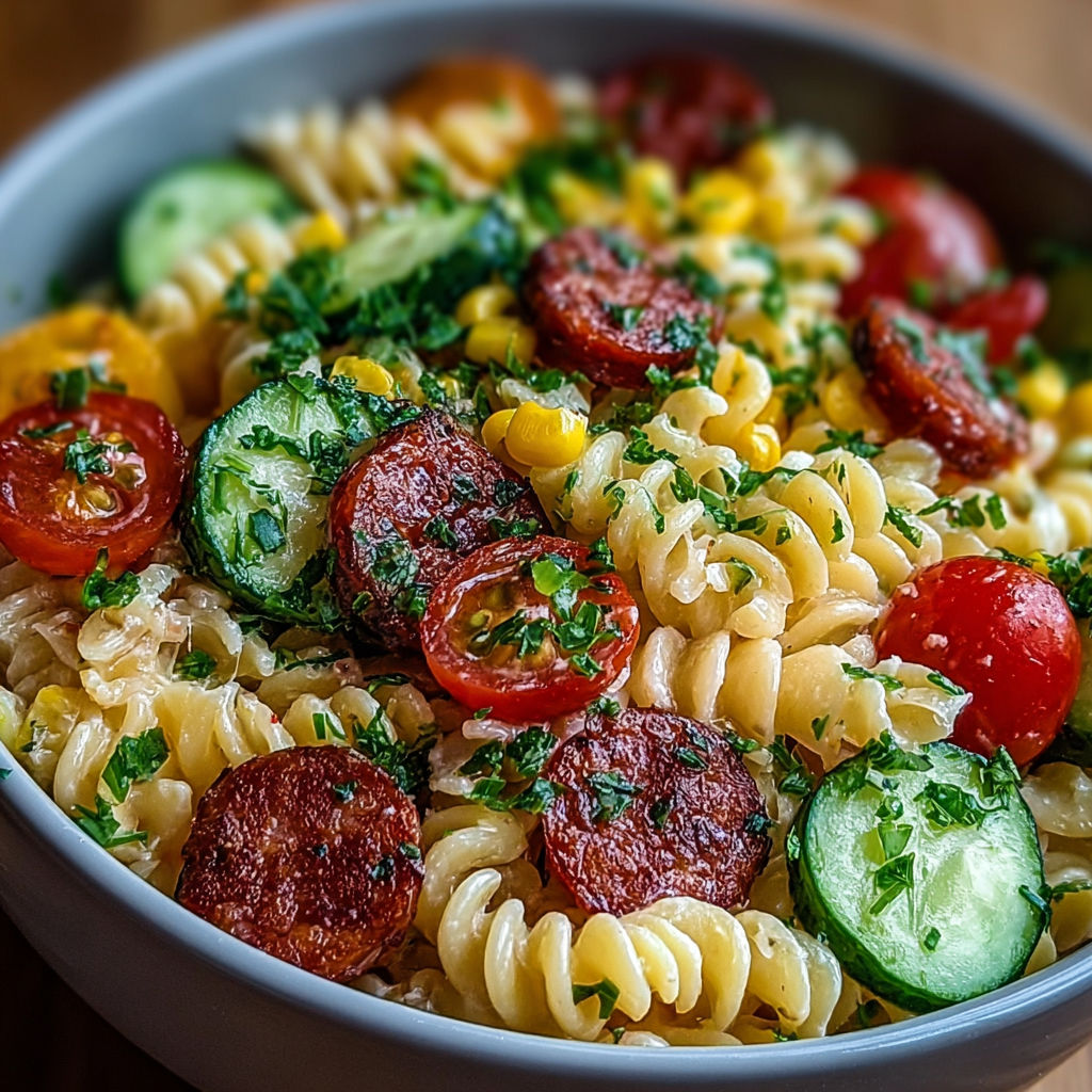 Salade de pâtes généreuse avec maïs, chorizo grillé, concombre et sauce onctueuse au yaourt.