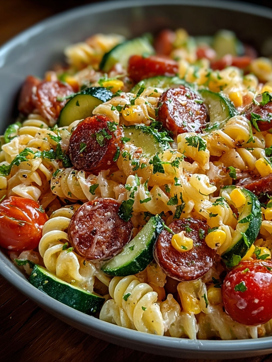 Vue rapprochée sur les pâtes torsadées enrobées de sauce crémeuse et de morceaux de chorizo.