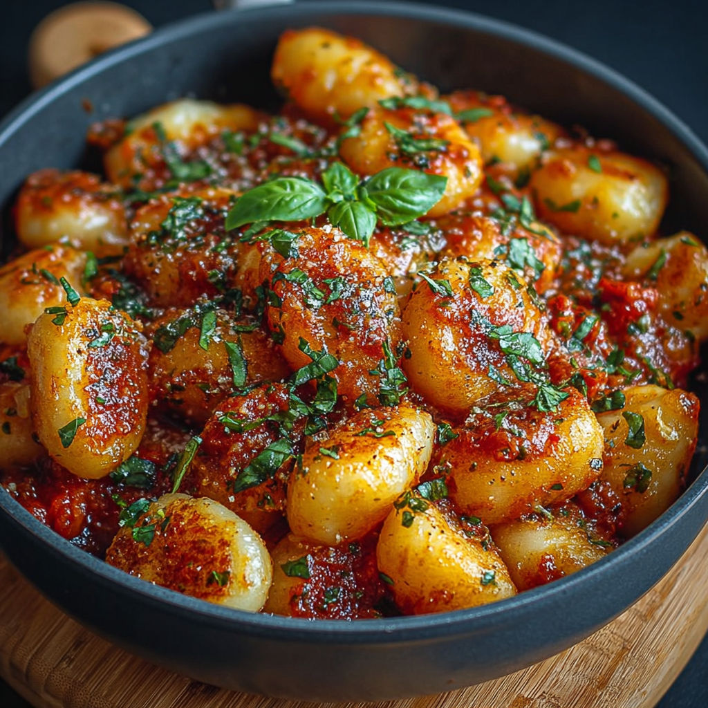 Une recette de gnocchis poêlés sauce tomate et basilic est servie dans un bol sur une table.