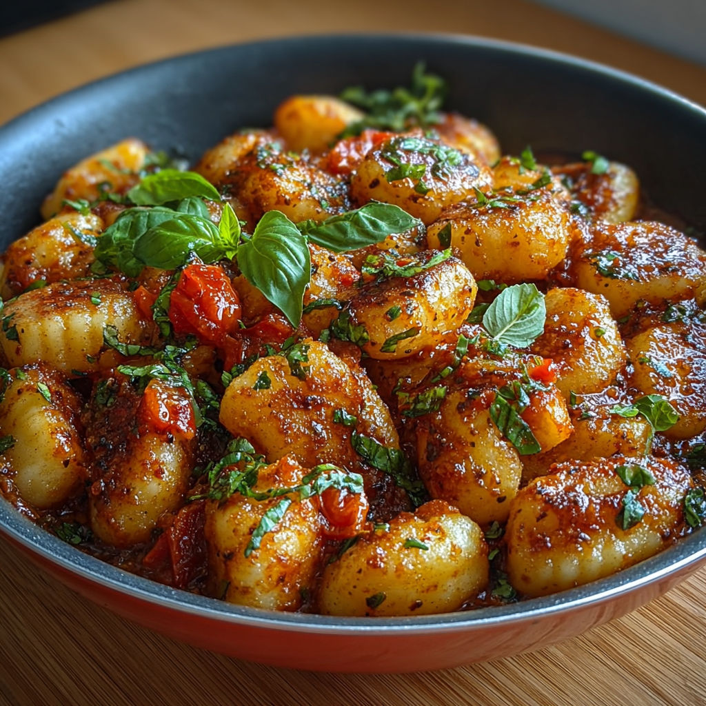 Bol généreux de gnocchis poêlés en sauce tomate onctueuse avec des feuilles de basilic frais.