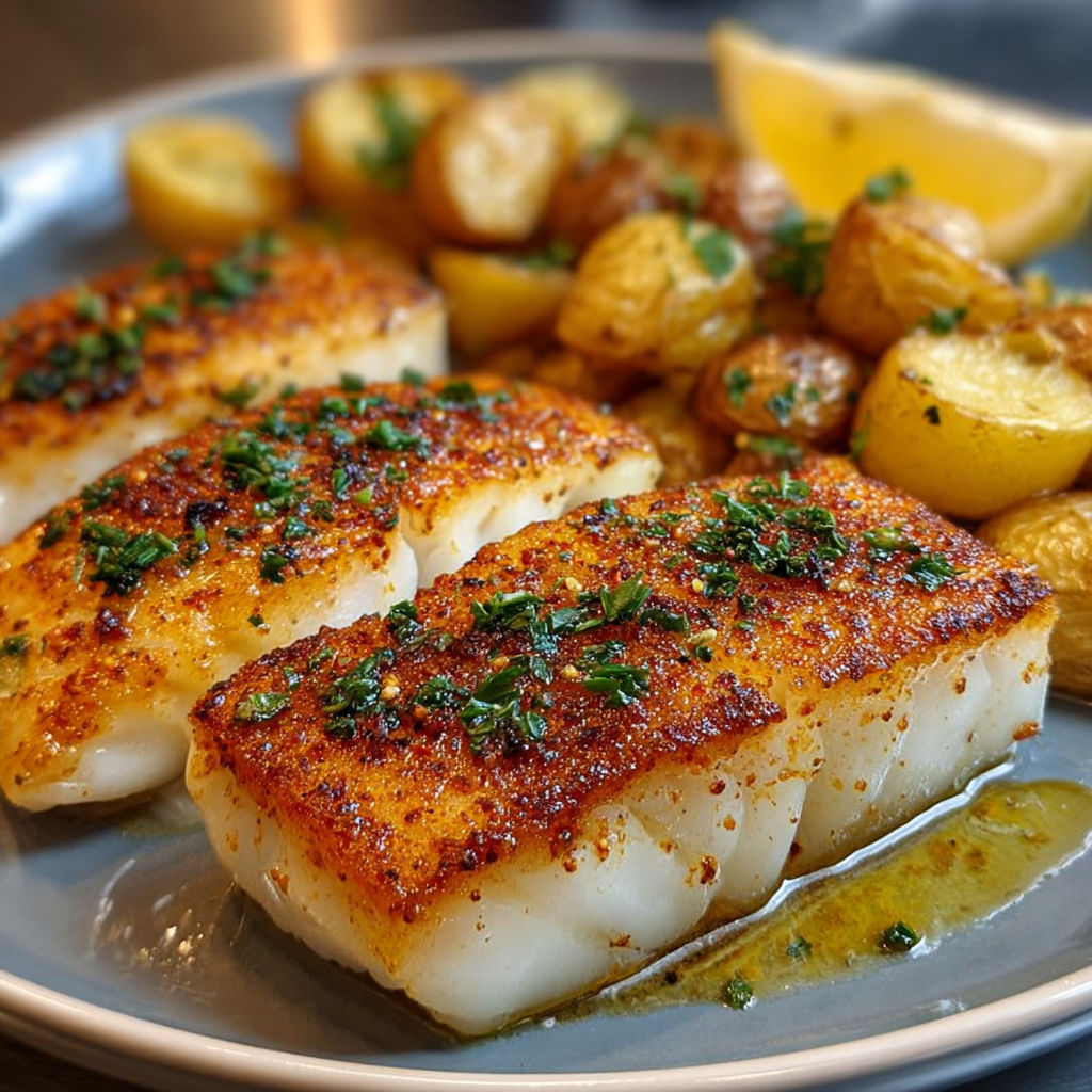Une plaque de cuisine avec des poissons dorés, des pommes de terre rôties et des citrons.