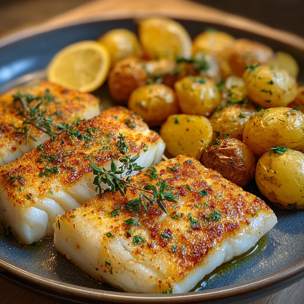 Filet de cabillaud parfaitement doré parsemé d'herbes avec ses grenailles rôties et un quartier de citron.