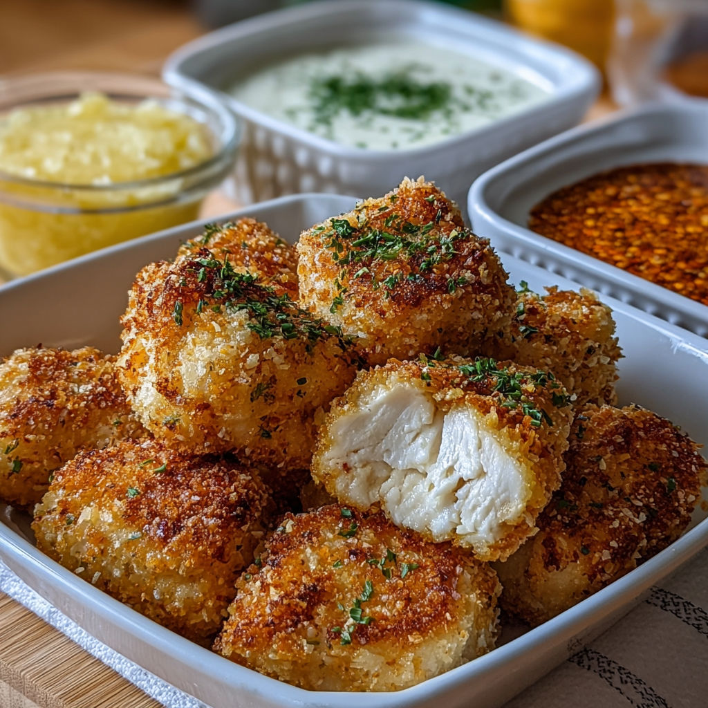 Bouchées de poulet croustillantes servies avec une sauce crémeuse et des herbes fraîches.