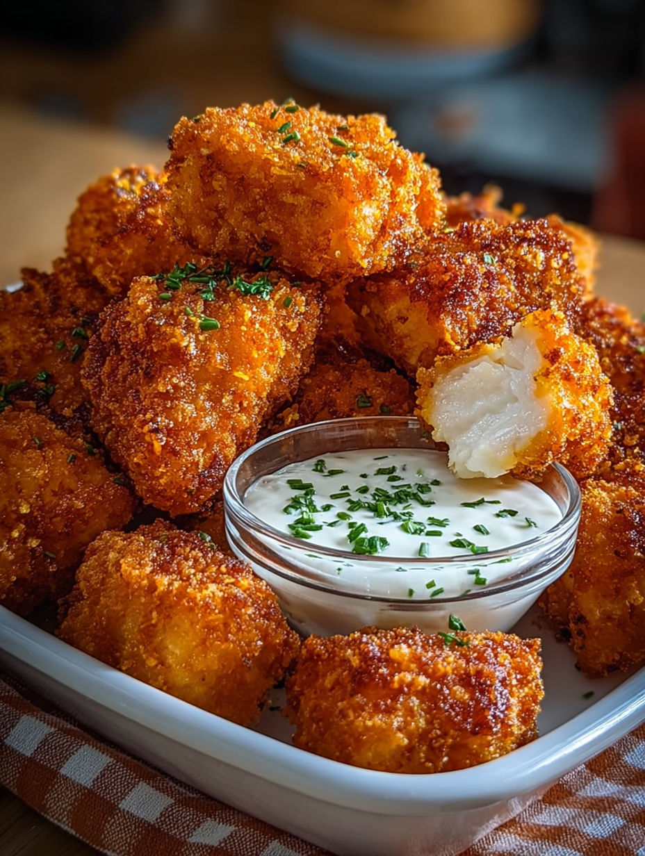 Pile gourmande de nuggets de poulet maison avec un bol de sauce au yaourt citronnée.