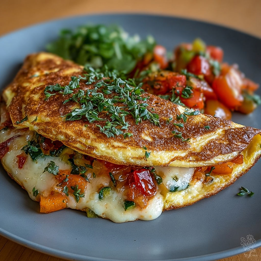Une omelette farcie fondante aux légumes et mozzarella, garnie de carottes et de tomates, est servie sur un plateau.