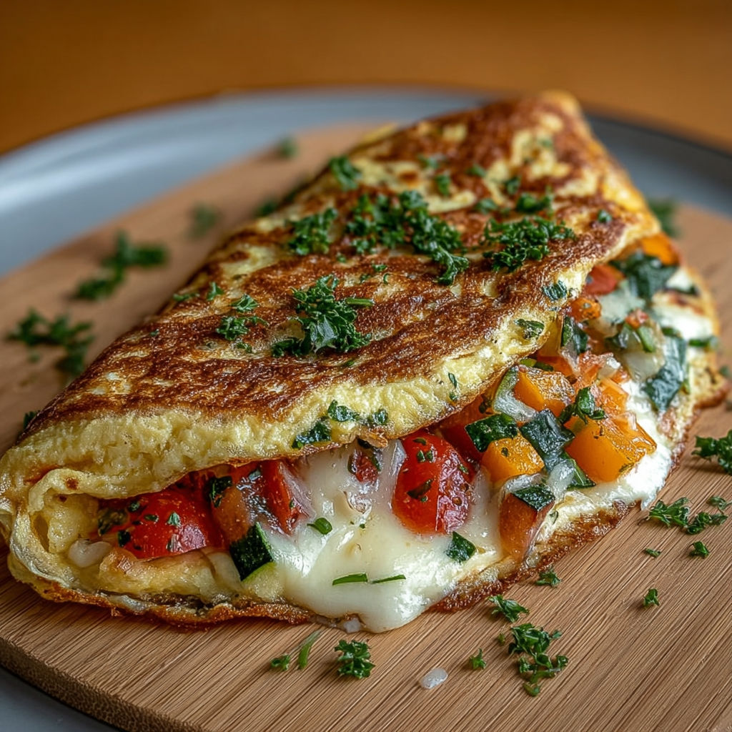 Omelette dorée pliée en demi-lune avec des légumes colorés et du fromage fondant.