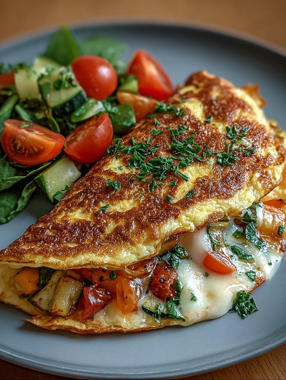 Gros plan sur l'intérieur fondant de l'omelette à la mozzarella et aux petits légumes.