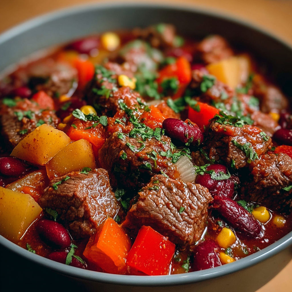 Un plat de chili de bœuf aux haricots rouges et maïs, avec des légumes colorés et des herbes fraîches.