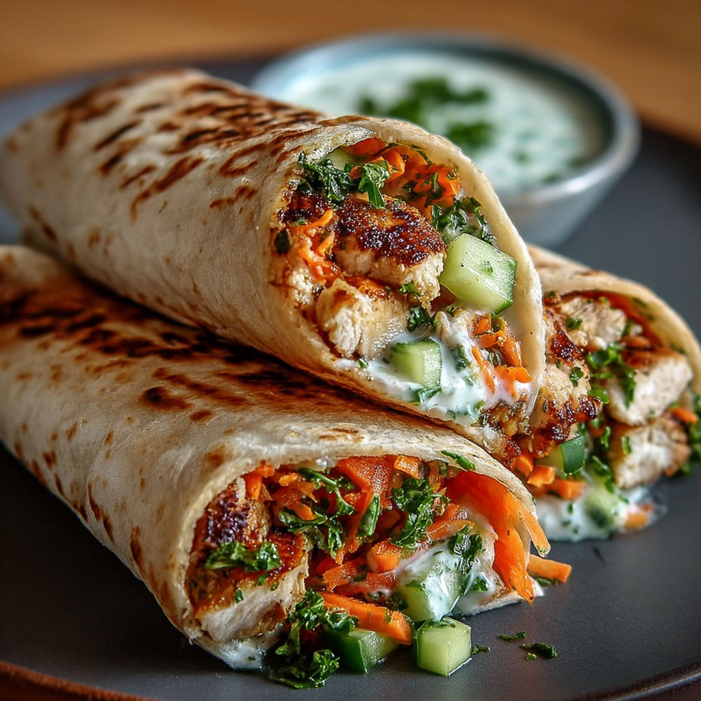 Un wrap de poulet grillé, crudités croquantes et sauce yaourt sur un plateau.
