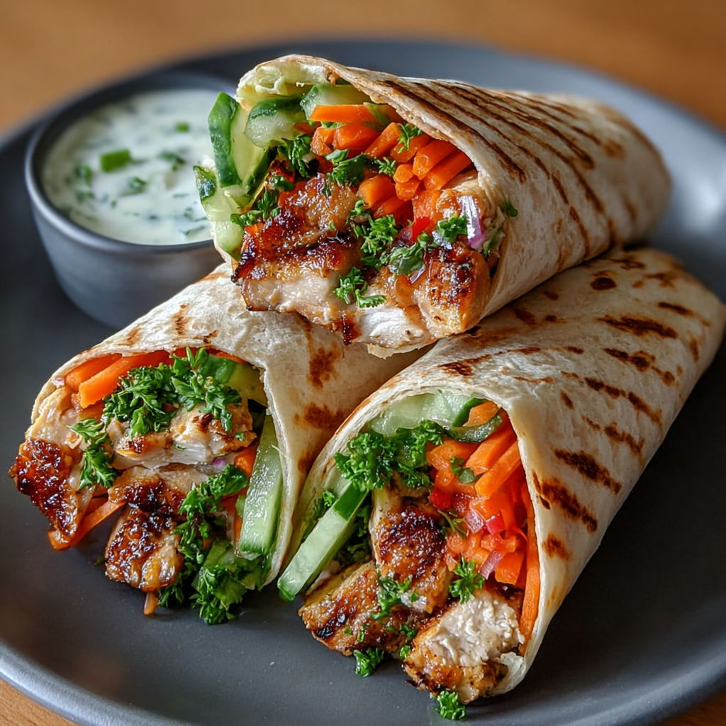 Wrap généreux ouvert laissant apparaître le poulet grillé doré, les carottes et la sauce onctueuse.