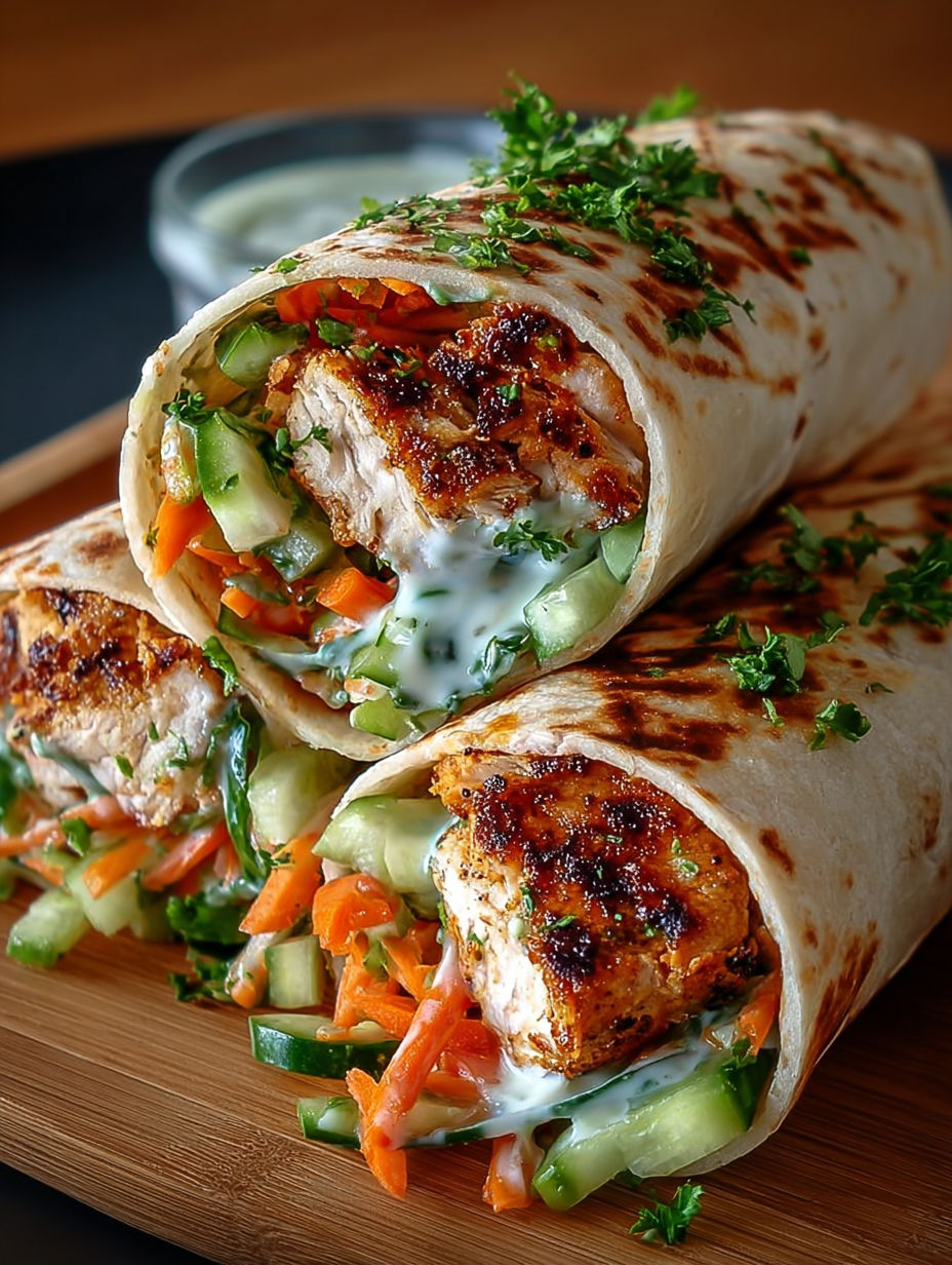 Gros plan sur la garniture fraîche et colorée d'un wrap au poulet et paprika.