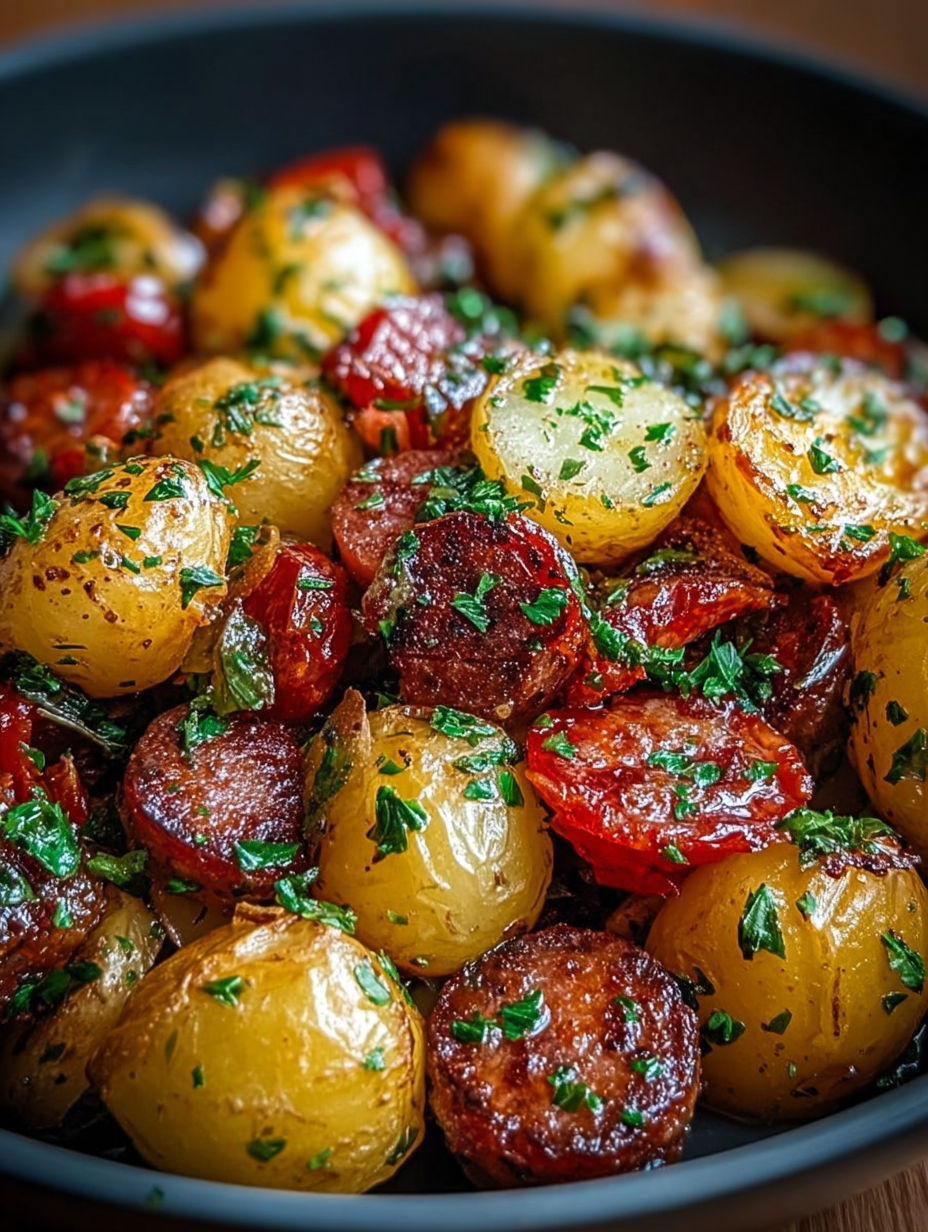 Gros plan sur les tomates cerises fondues et le persil frais apportant du peps au plat.
