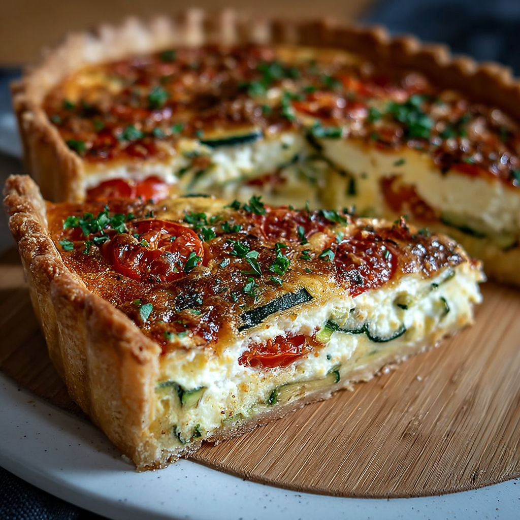 Une quiche aux courgettes, tomates et ricotta, prête à être dégustée.