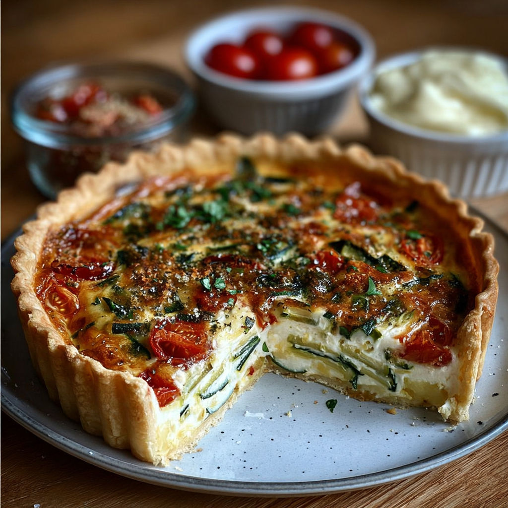 Belle quiche dorée aux tomates et courgettes sur une table estivale.