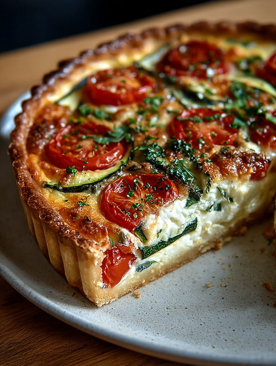 Gros plan sur une part de quiche révélant le fondant de la ricotta et des légumes.