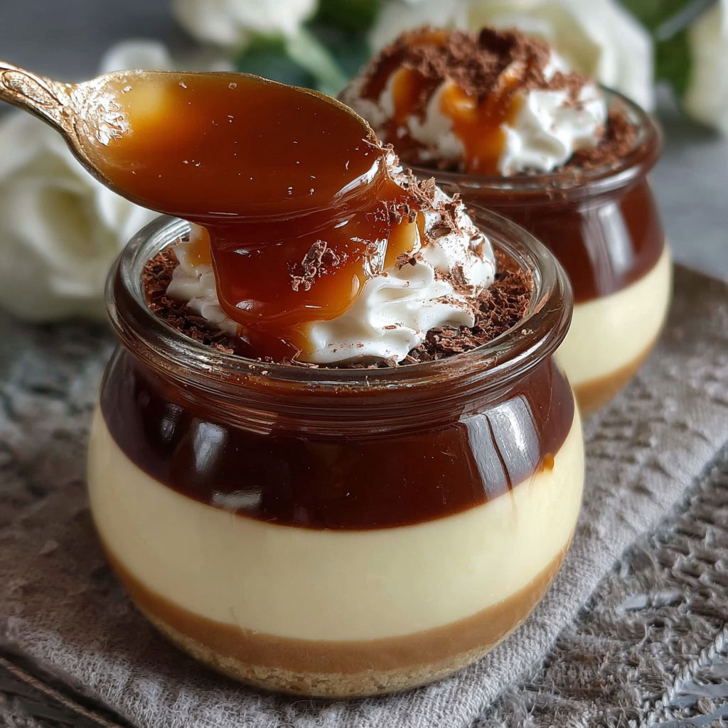 Desserts in jars with caramel sauce and chocolate and vanilla flavors.
